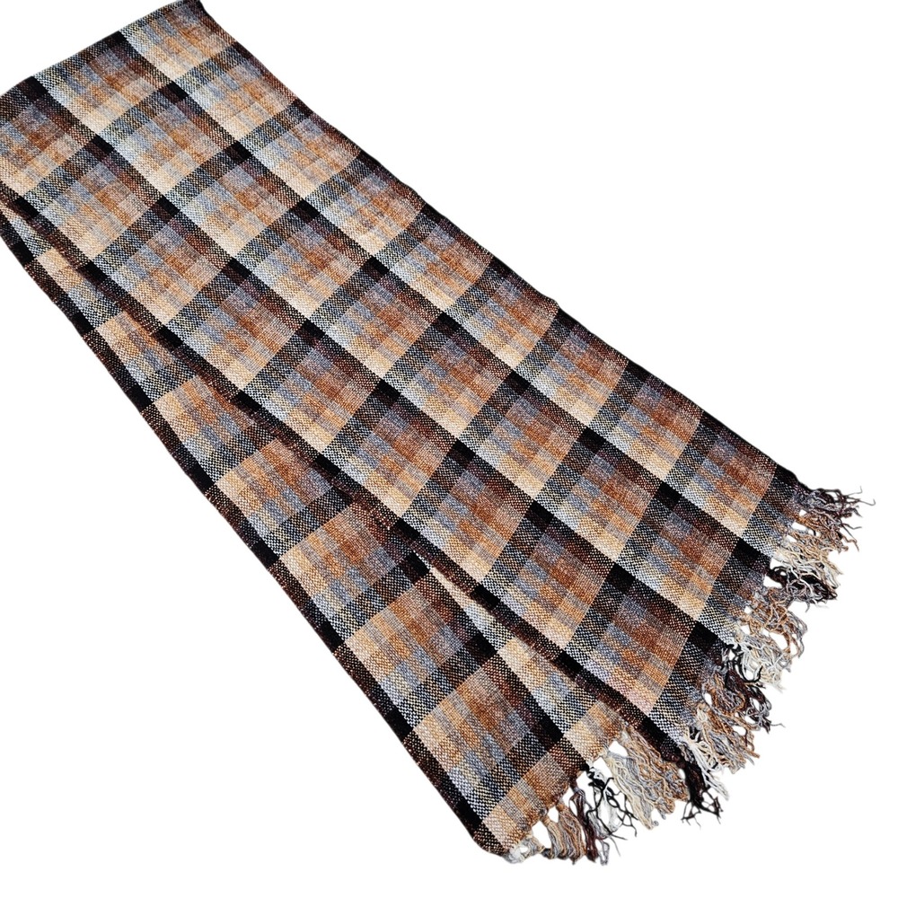 Plaid Scarf Fringe Tan Brown Black Neutral Cozy Woven Winter Fashion‎ Soft Knit